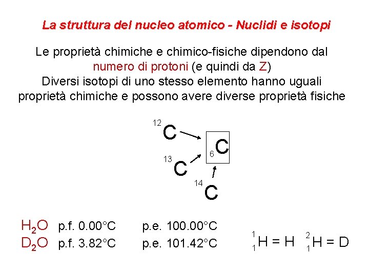 La struttura del nucleo atomico - Nuclidi e isotopi Le proprietà chimiche e chimico-fisiche La struttura del nucleo atomico - Nuclidi e isotopi Le proprietà chimiche e chimico-fisiche