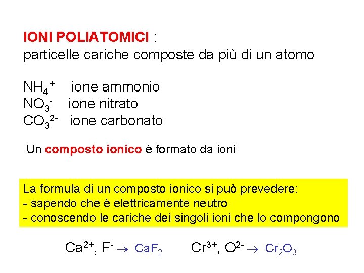 IONI POLIATOMICI : particelle cariche composte da più di un atomo NH 4+ ione IONI POLIATOMICI : particelle cariche composte da più di un atomo NH 4+ ione