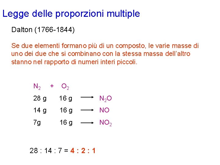 Legge delle proporzioni multiple Dalton (1766 -1844) Se due elementi formano più di un Legge delle proporzioni multiple Dalton (1766 -1844) Se due elementi formano più di un