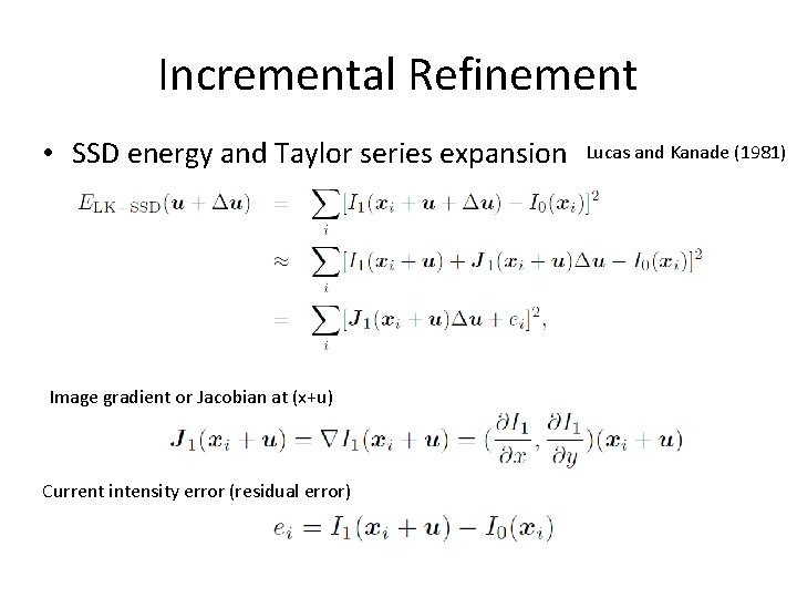 Incremental Refinement • SSD energy and Taylor series expansion Image gradient or Jacobian at Incremental Refinement • SSD energy and Taylor series expansion Image gradient or Jacobian at