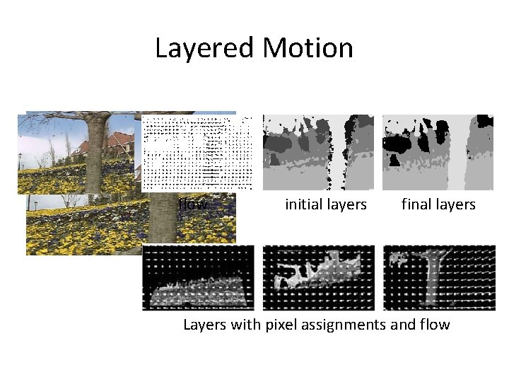 Layered Motion flow initial layers final layers Layers with pixel assignments and flow Layered Motion flow initial layers final layers Layers with pixel assignments and flow