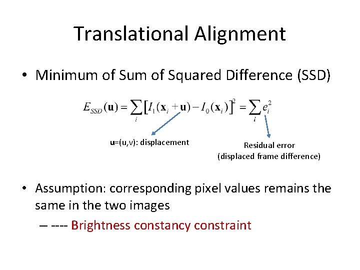 Translational Alignment • Minimum of Squared Difference (SSD) u=(u, v): displacement Residual error (displaced Translational Alignment • Minimum of Squared Difference (SSD) u=(u, v): displacement Residual error (displaced