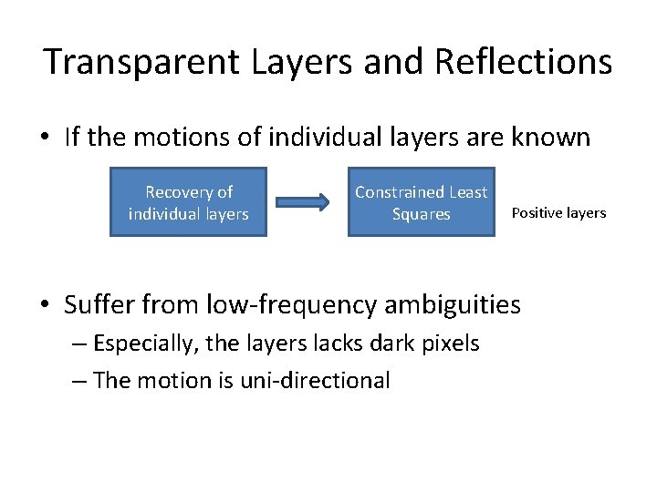 Transparent Layers and Reflections • If the motions of individual layers are known Recovery Transparent Layers and Reflections • If the motions of individual layers are known Recovery