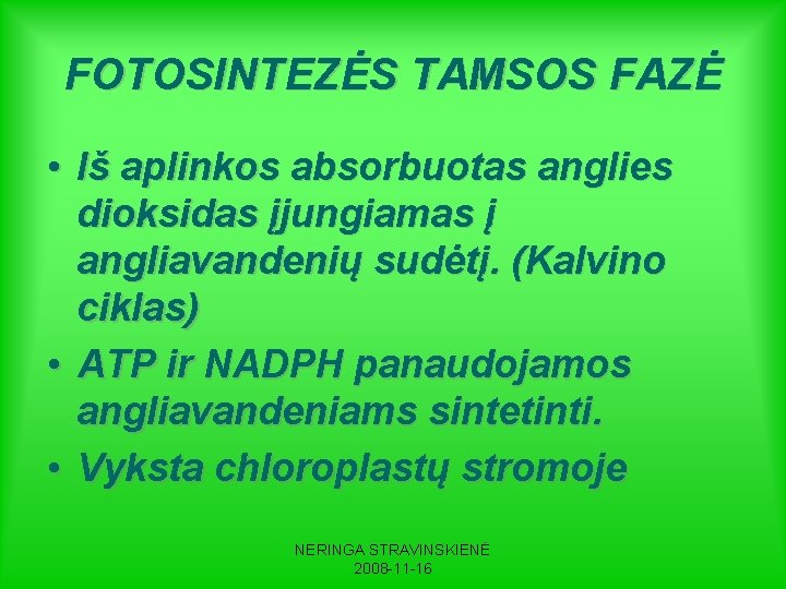 FOTOSINTEZĖS TAMSOS FAZĖ • Iš aplinkos absorbuotas anglies dioksidas įjungiamas į angliavandenių sudėtį. (Kalvino