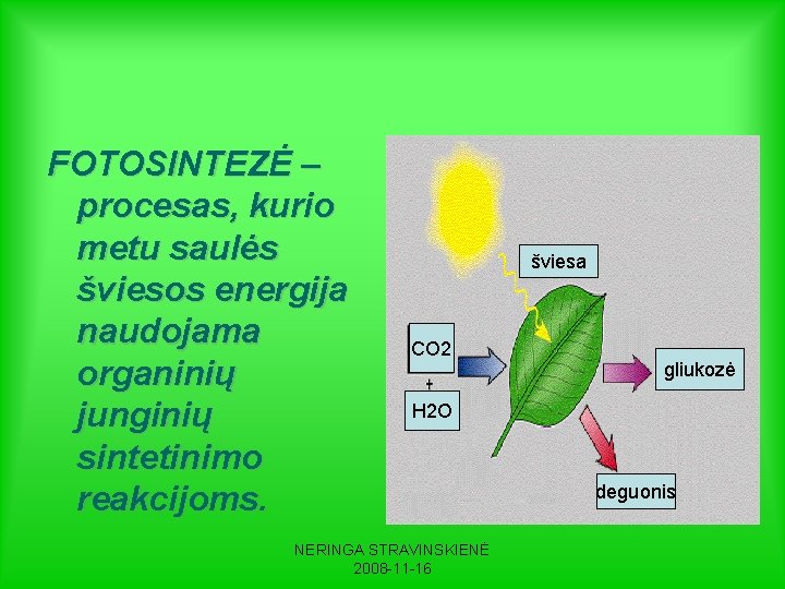 FOTOSINTEZĖ – procesas, kurio metu saulės šviesos energija naudojama organinių junginių sintetinimo reakcijoms. šviesa