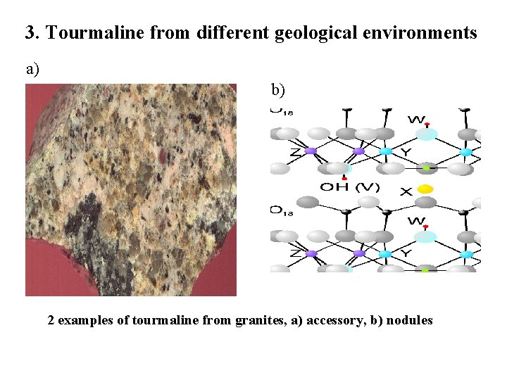 3. Tourmaline from different geological environments a) b) 2 examples of tourmaline from granites,