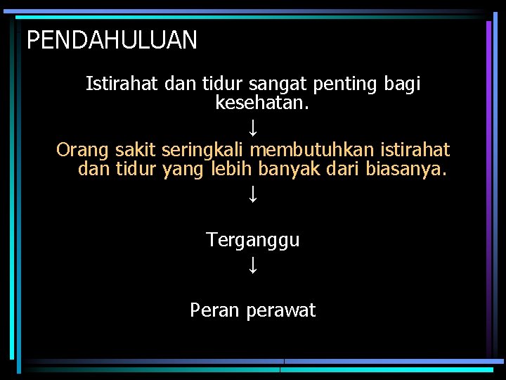 PENDAHULUAN Istirahat dan tidur sangat penting bagi kesehatan. ↓ Orang sakit seringkali membutuhkan istirahat