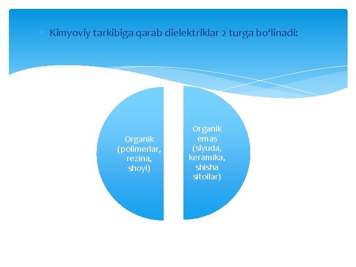 Kimyoviy tarkibiga qarab dielektriklar 2 turga bo‘linadi: Organik (polimerlar, rezina, shoyi) Organik emas Kimyoviy tarkibiga qarab dielektriklar 2 turga bo‘linadi: Organik (polimerlar, rezina, shoyi) Organik emas