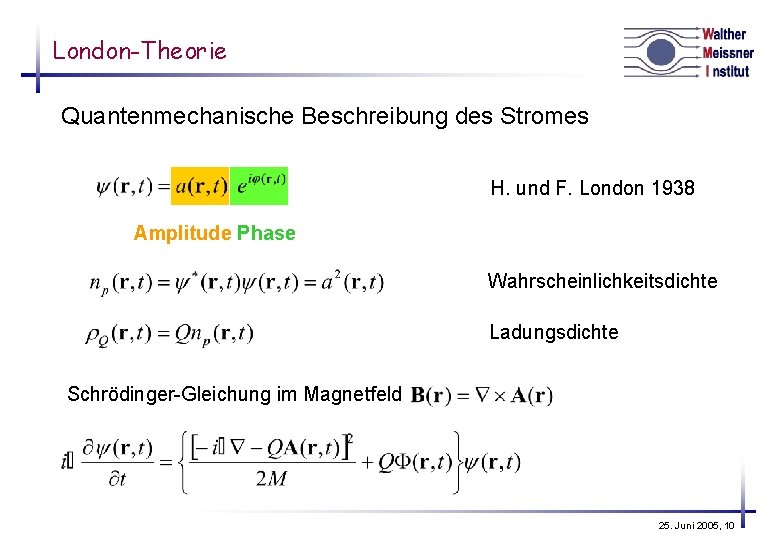 London-Theorie Quantenmechanische Beschreibung des Stromes H. und F. London 1938 Amplitude Phase Wahrscheinlichkeitsdichte Ladungsdichte