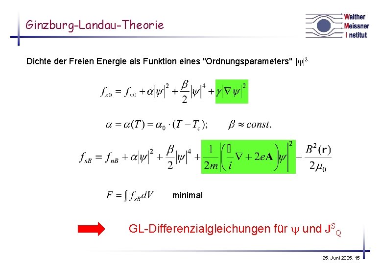 Ginzburg-Landau-Theorie Dichte der Freien Energie als Funktion eines "Ordnungsparameters" |y 2 minimal GL-Differenzialgleichungen für