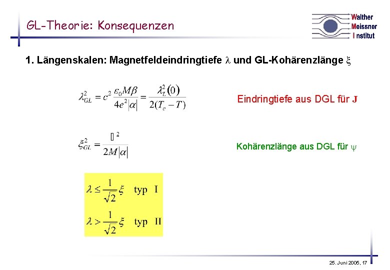 GL-Theorie: Konsequenzen 1. Längenskalen: Magnetfeldeindringtiefe und GL-Kohärenzlänge Eindringtiefe aus DGL für J Kohärenzlänge aus
