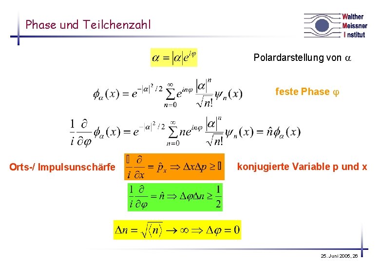 Phase und Teilchenzahl Polardarstellung von a feste Phase j Orts-/ Impulsunschärfe konjugierte Variable p
