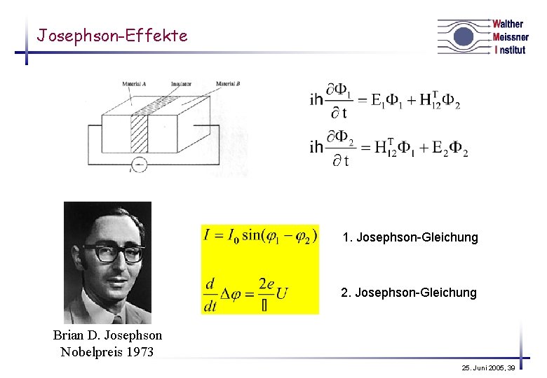 Josephson-Effekte 1. Josephson-Gleichung 2. Josephson-Gleichung Brian D. Josephson Nobelpreis 1973 25. Juni 2005, 39