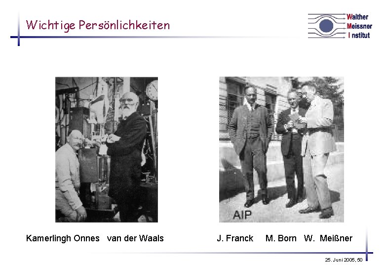 Wichtige Persönlichkeiten Kamerlingh Onnes van der Waals J. Franck M. Born W. Meißner 25.