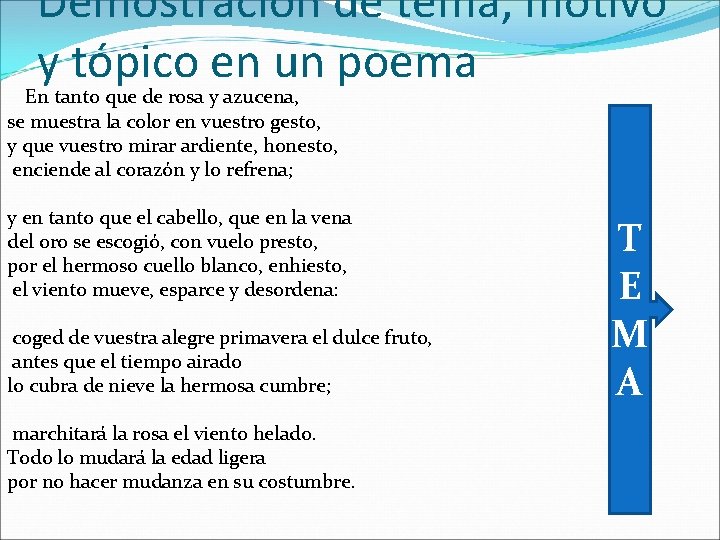 Demostración de tema, motivo y tópico en un poema En tanto que de rosa