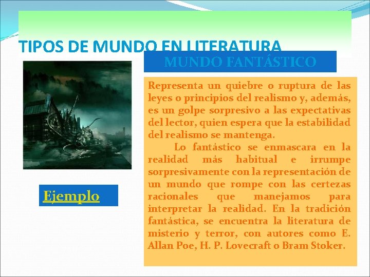 TIPOS DE MUNDO EN LITERATURA MUNDO FANTÁSTICO Ejemplo Representa un quiebre o ruptura de