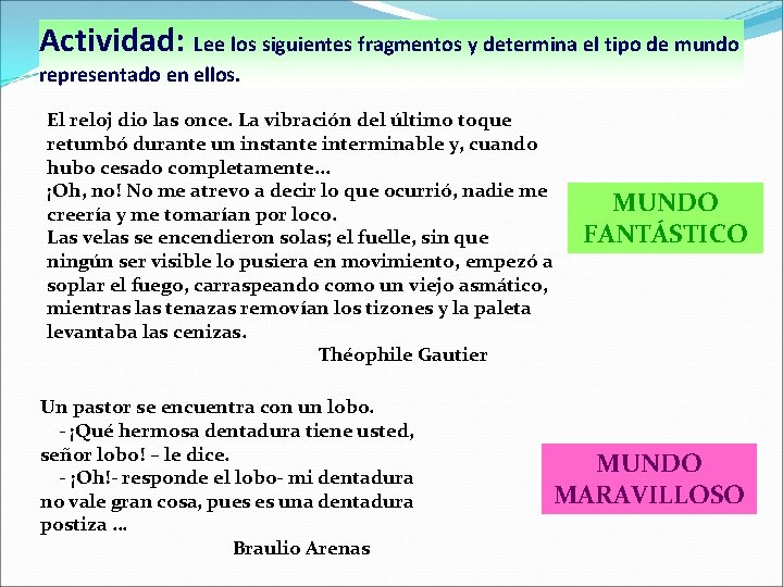 Actividad: Lee los siguientes fragmentos y determina el tipo de mundo representado en ellos.