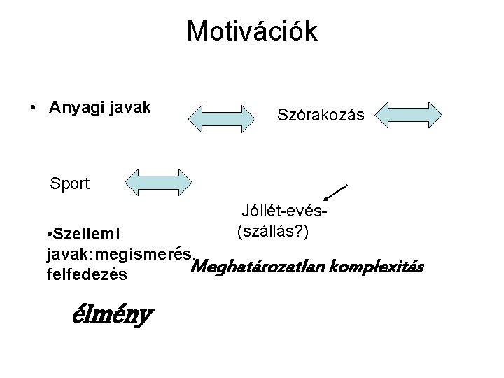 Motivációk • Anyagi javak Szórakozás Sport Jóllét-evés(szállás? ) • Szellemi javak: megismerés. Meghatározatlan komplexitás