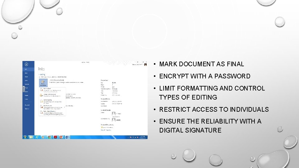  • MARK DOCUMENT AS FINAL • ENCRYPT WITH A PASSWORD • LIMIT FORMATTING