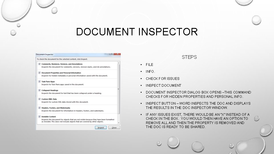 DOCUMENT INSPECTOR STEPS • FILE • INFO. • CHECK FOR ISSUES • INSPECT DOCUMENT