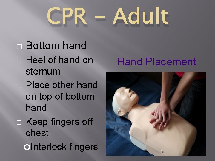 CPR - Adult Bottom hand Heel of hand on sternum Place other hand on