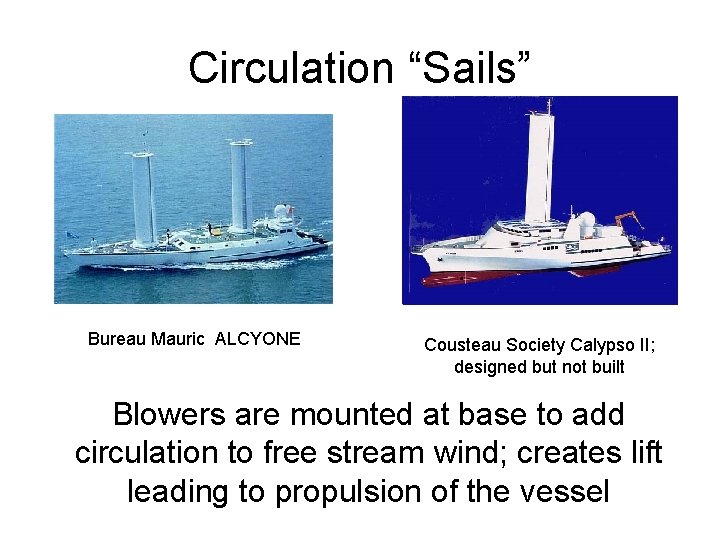 Circulation “Sails” Bureau Mauric ALCYONE Cousteau Society Calypso II; designed but not built Blowers