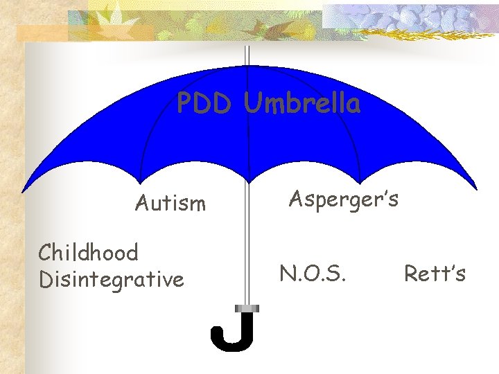 PDD Umbrella Autism Childhood Disintegrative Asperger’s N. O. S. Rett’s 
