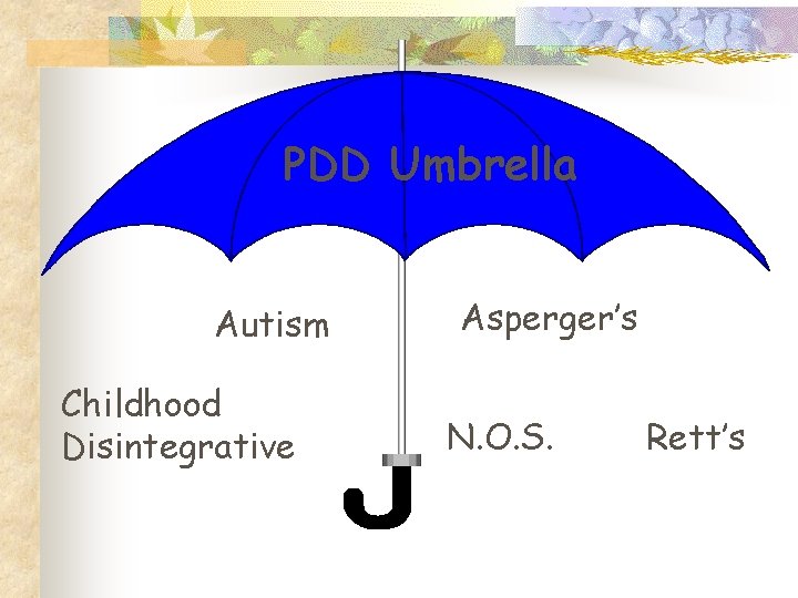 PDD Umbrella Autism Childhood Disintegrative Asperger’s N. O. S. Rett’s 