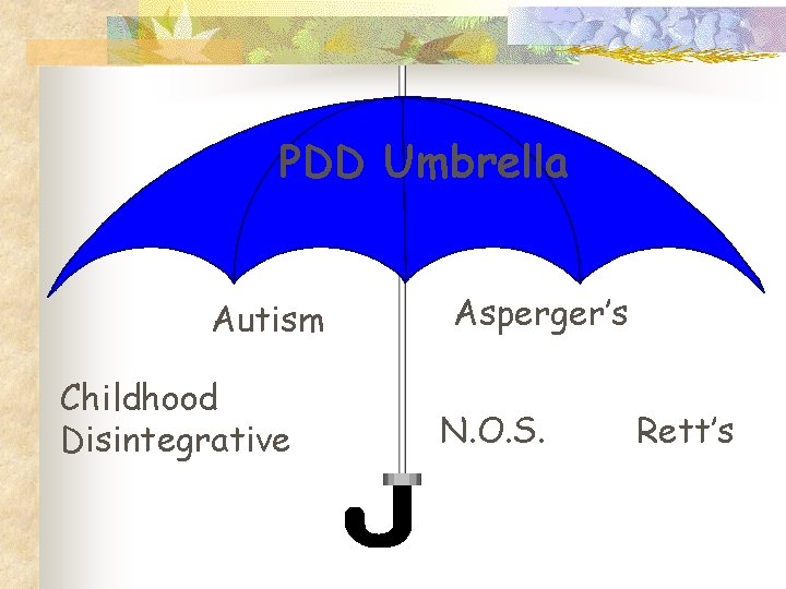 PDD Umbrella Autism Childhood Disintegrative Asperger’s N. O. S. Rett’s 