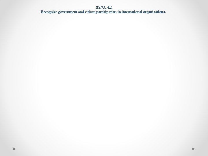 SS. 7. C. 4. 2 Recognize government and citizen participation in international organizations. SS. 7. C. 4. 2 Recognize government and citizen participation in international organizations.