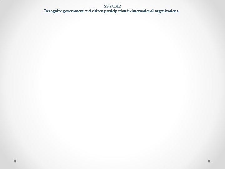 SS. 7. C. 4. 2 Recognize government and citizen participation in international organizations. SS. 7. C. 4. 2 Recognize government and citizen participation in international organizations.