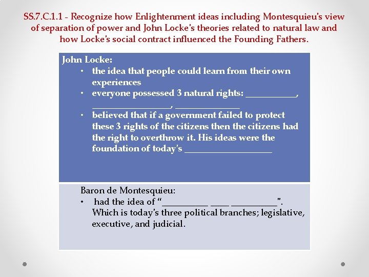 SS. 7. C. 1. 1 - Recognize how Enlightenment ideas including Montesquieu's view of SS. 7. C. 1. 1 - Recognize how Enlightenment ideas including Montesquieu's view of
