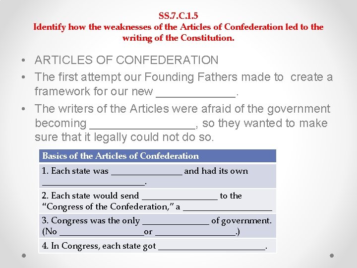 SS. 7. C. 1. 5 Identify how the weaknesses of the Articles of Confederation SS. 7. C. 1. 5 Identify how the weaknesses of the Articles of Confederation