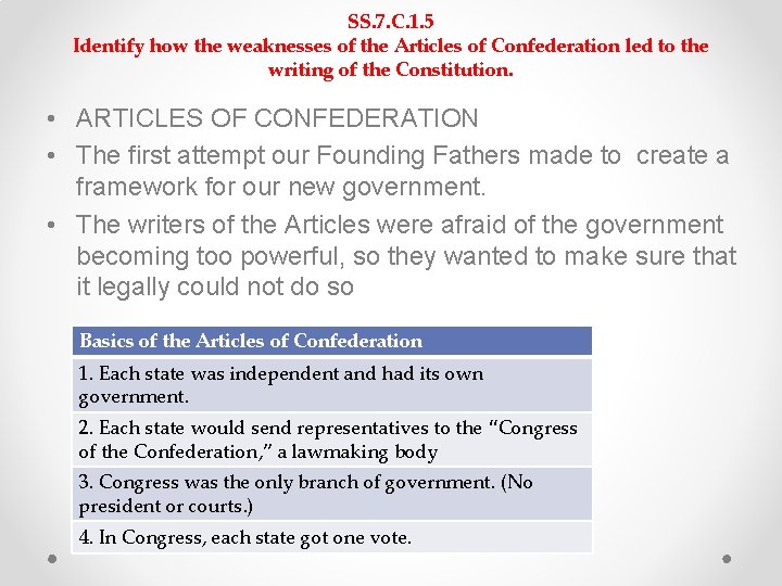 SS. 7. C. 1. 5 Identify how the weaknesses of the Articles of Confederation SS. 7. C. 1. 5 Identify how the weaknesses of the Articles of Confederation