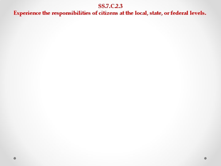 SS. 7. C. 2. 3 Experience the responsibilities of citizens at the local, state, SS. 7. C. 2. 3 Experience the responsibilities of citizens at the local, state,