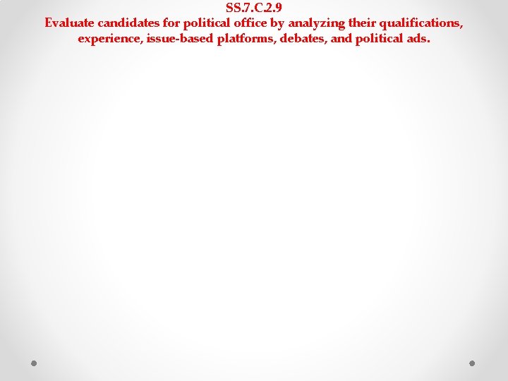 SS. 7. C. 2. 9 Evaluate candidates for political office by analyzing their qualifications, SS. 7. C. 2. 9 Evaluate candidates for political office by analyzing their qualifications,