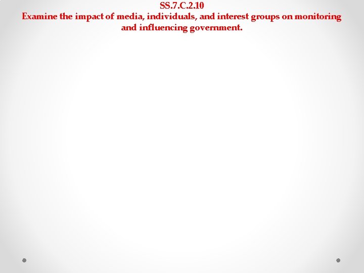 SS. 7. C. 2. 10 Examine the impact of media, individuals, and interest groups SS. 7. C. 2. 10 Examine the impact of media, individuals, and interest groups