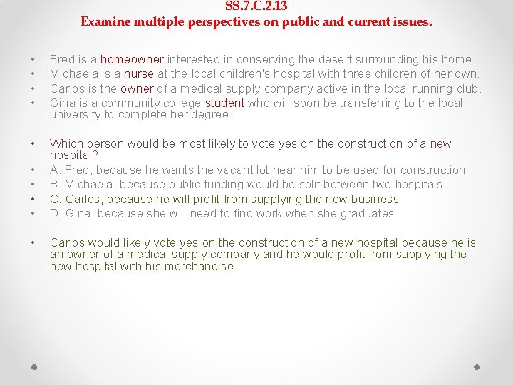 SS. 7. C. 2. 13 Examine multiple perspectives on public and current issues. • SS. 7. C. 2. 13 Examine multiple perspectives on public and current issues. •