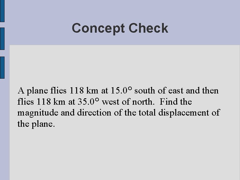 Concept Check A plane flies 118 km at 15. 0° south of east and