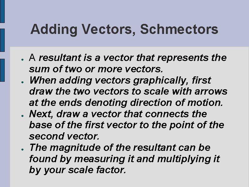 Adding Vectors, Schmectors ● ● A resultant is a vector that represents the sum