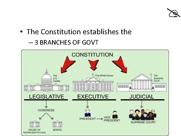  • The Constitution establishes the – 3 BRANCHES OF GOVT 