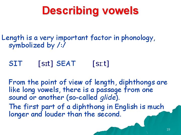 Describing vowels Length is a very important factor in phonology, symbolized by /: /