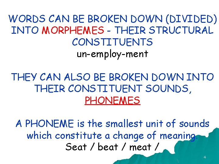 WORDS CAN BE BROKEN DOWN (DIVIDED) INTO MORPHEMES - THEIR STRUCTURAL CONSTITUENTS un-employ-ment THEY