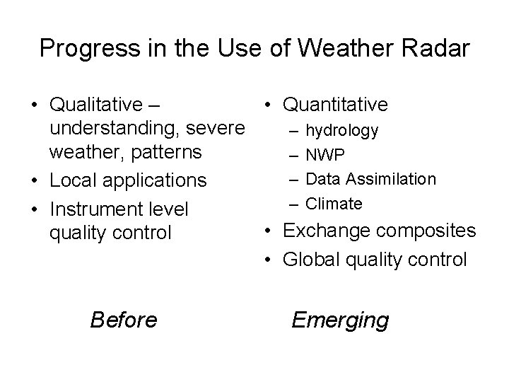 Progress in the Use of Weather Radar • Qualitative – • Quantitative understanding, severe