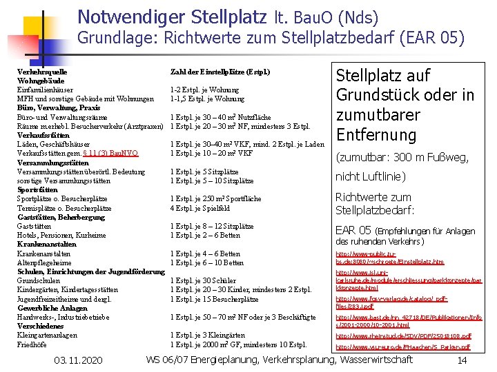 Notwendiger Stellplatz lt. Bau. O (Nds) Grundlage: Richtwerte zum Stellplatzbedarf (EAR 05) Verkehrsquelle Wohngebäude