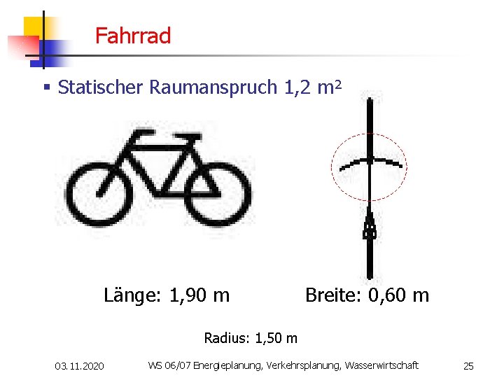 Fahrrad § Statischer Raumanspruch 1, 2 m² Länge: 1, 90 m Breite: 0, 60