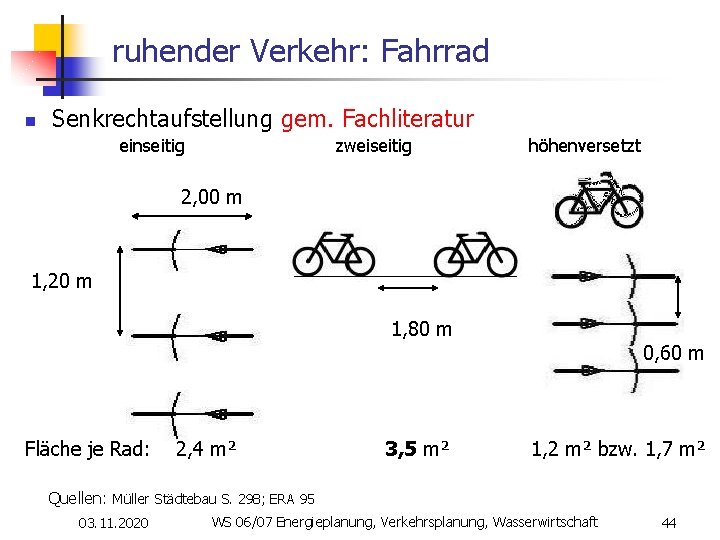 ruhender Verkehr: Fahrrad n Senkrechtaufstellung gem. Fachliteratur einseitig zweiseitig höhenversetzt 2, 00 m 1,