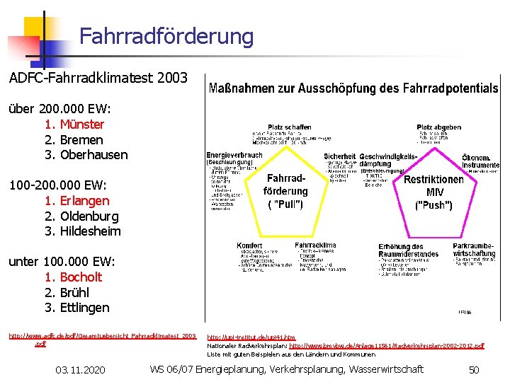 Fahrradförderung ADFC-Fahrradklimatest 2003 über 200. 000 EW: 1. Münster 2. Bremen 3. Oberhausen 100
