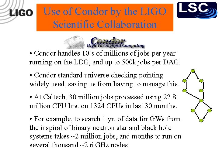 Use of Condor by the LIGO Scientific Collaboration • Condor handles 10’s of millions