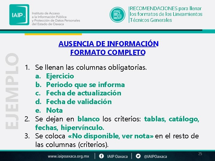 EJEMPLO RECOMENDACIONES para llenar los formatos de los Lineamientos Técnicos Generales AUSENCIA DE INFORMACIÓN